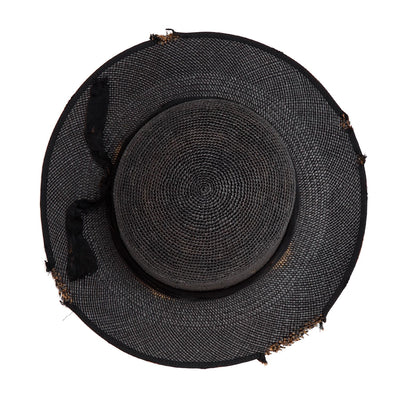 Leather & Grosgrain Ribbon Flat Panama Hat / BLACK