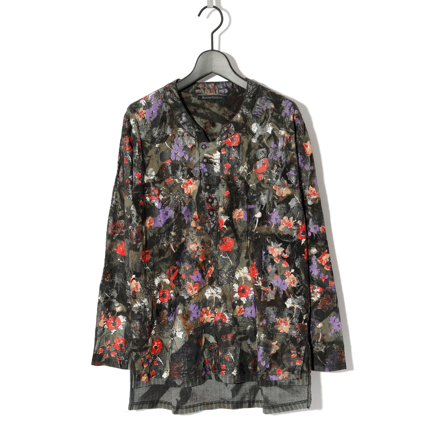 Flower Pattern Henley Neck L/S Tee（Black Grime) / BLACK