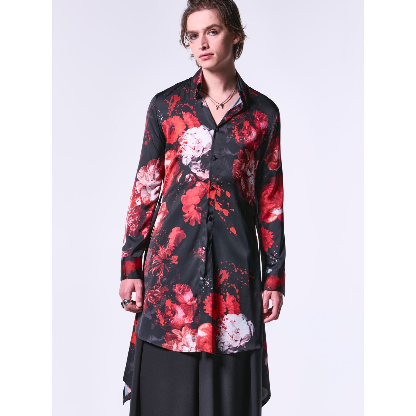 SplashFloraSatin FlareShirt / Black&Red