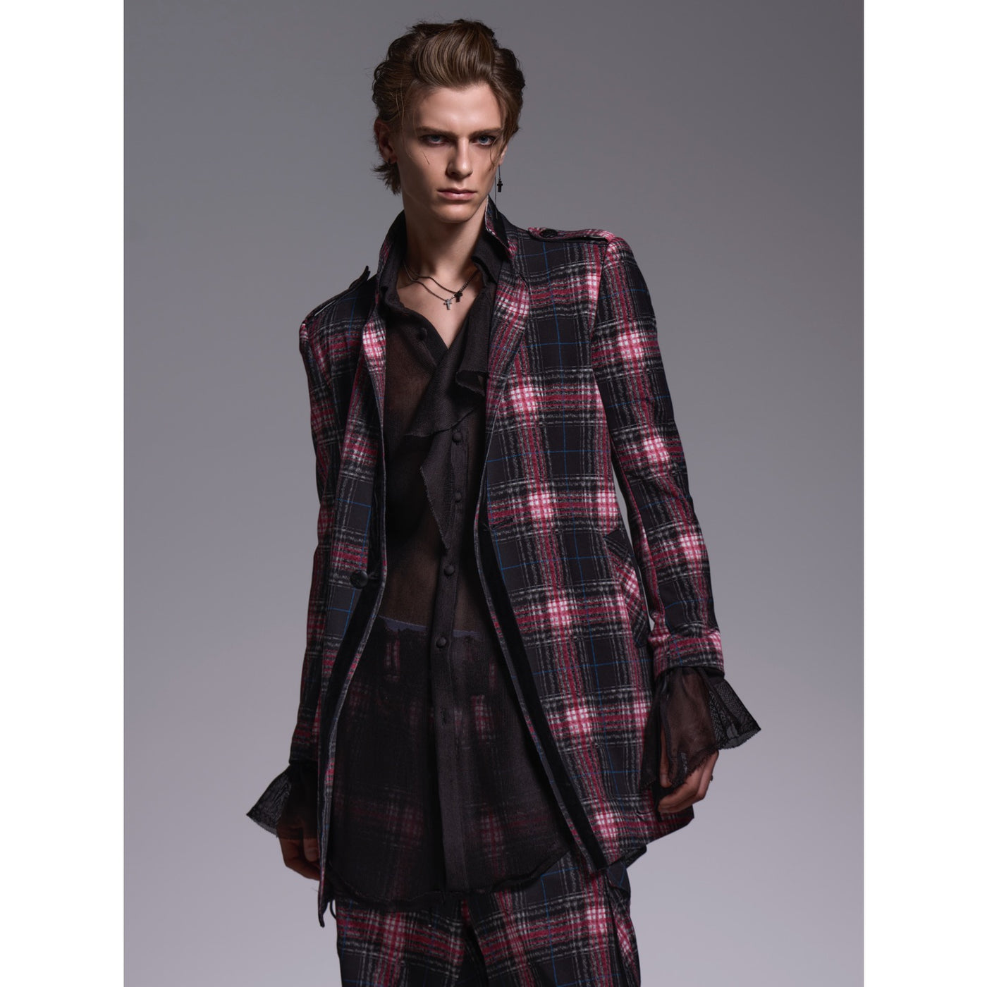 PinkCheckTwill TrimmingStandoCollarJacket / Black&Pink