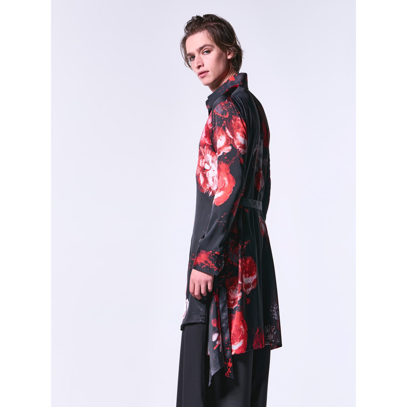 SplashFloraSatin FlareShirt / Black&Red