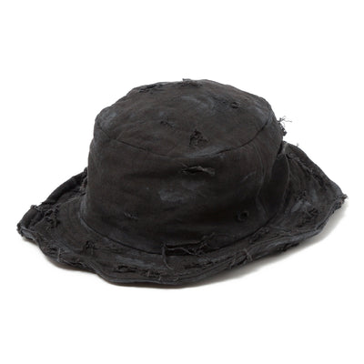 Dirty Black Linen Damaged Bucket Hat / BLACK