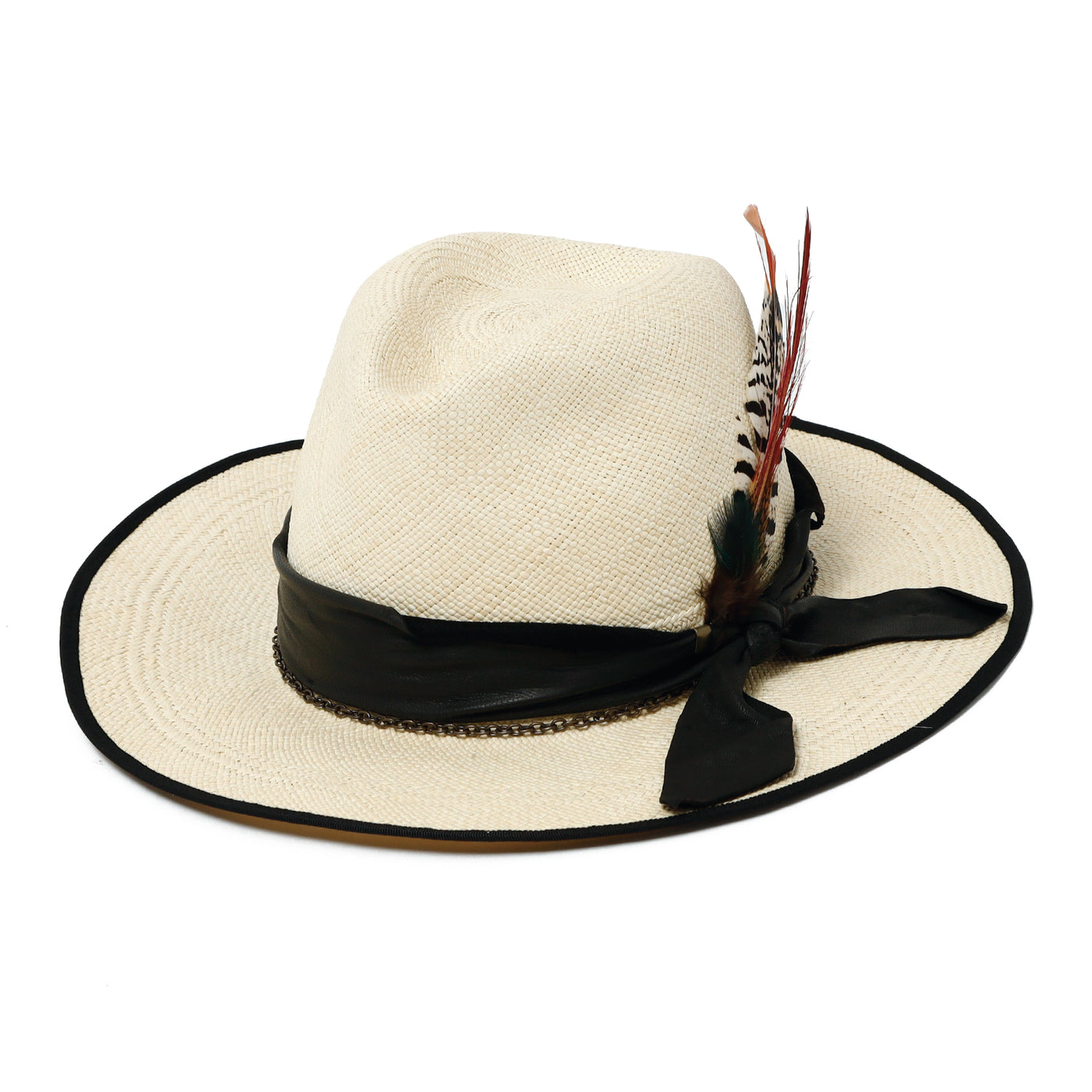 Feather Chain Fedora Panama Hat / BEIGE