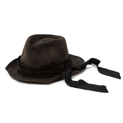 Leather & Ribbon Charcoal Burned Hat / CHARCOAL