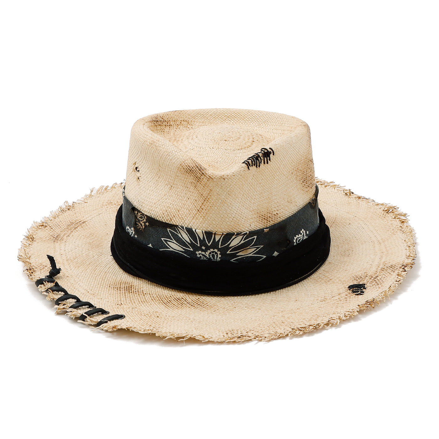 Bandana&Leather Burned Panama Hat / BEIGE