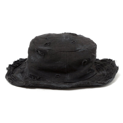 Dirty Black Linen Damaged Bucket Hat / BLACK