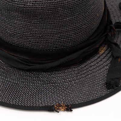 Leather & Grosgrain Ribbon Flat Panama Hat / BLACK