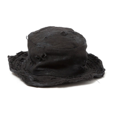 Dirty Black Linen Damaged Bucket Hat / BLACK