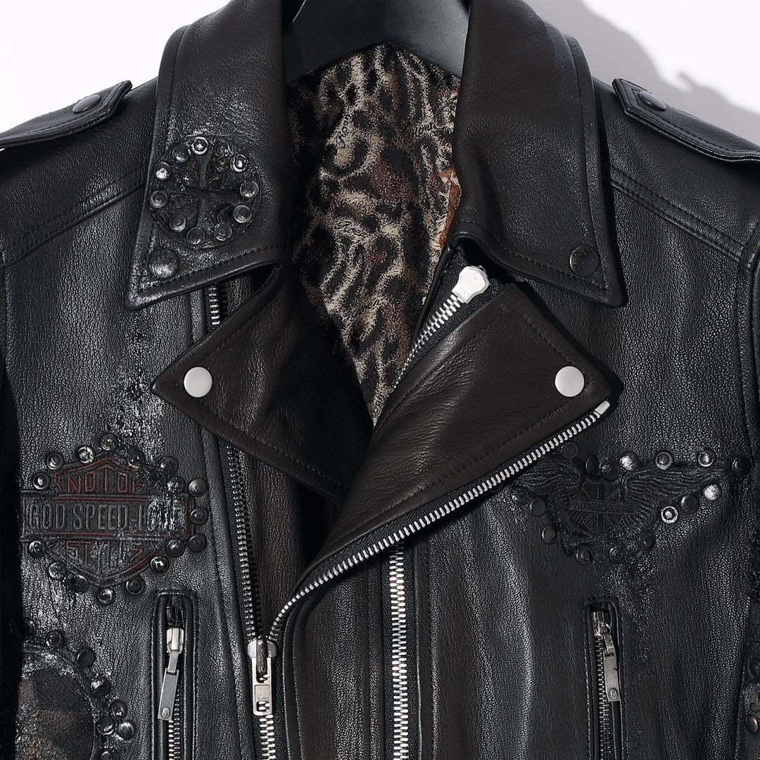 ロエン Roen スカル 刺繍 袖革 スタジャン 2way 黒 48 ヒョウ柄 エン Roen スカル 刺繍 袖革 スタジャン 2way 黒 46ヒョウ柄 ロエン