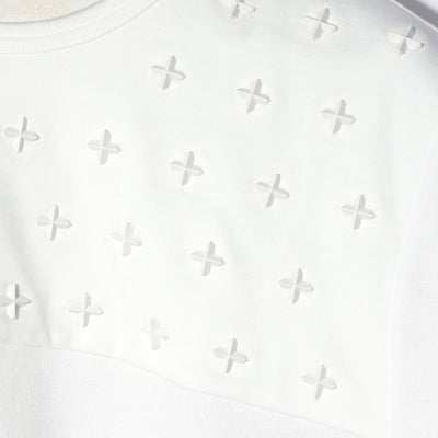 COMPACT PILE SIDE LINE CROSS STUDDED SHORT SLEEVE / B:WHITE x NEON PINK