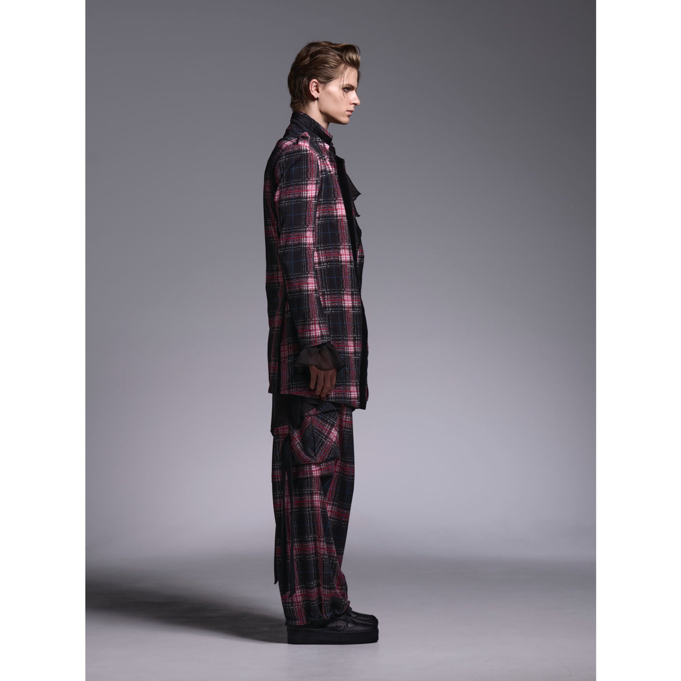 PinkCheckTwill TrimmingStandoCollarJacket / Black&Pink