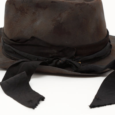 Leather & Ribbon Charcoal Burned Hat / CHARCOAL