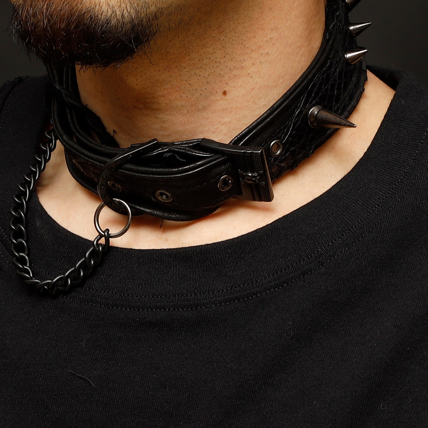 REMAKE STUDS CHAIN LEATHER CHOKER / BLACK