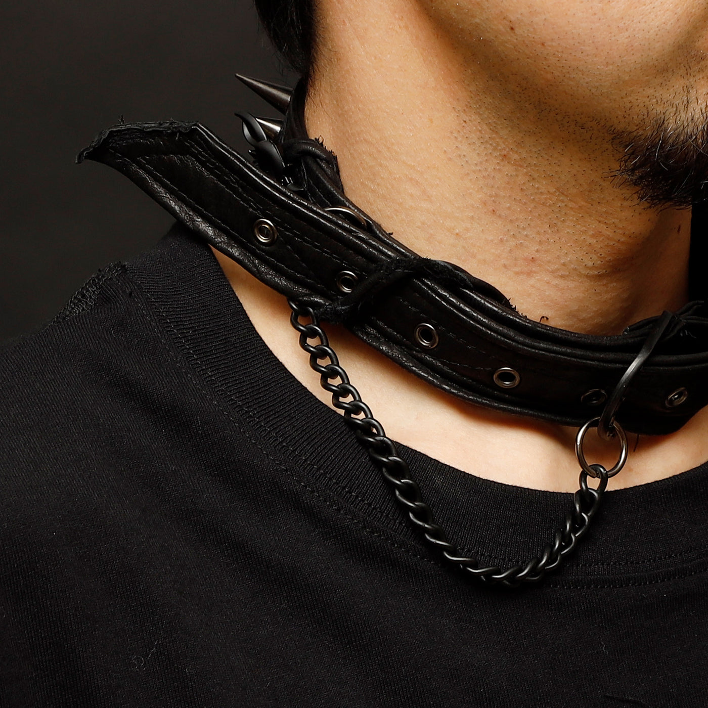 REMAKE STUDS CHAIN LEATHER CHOKER / BLACK