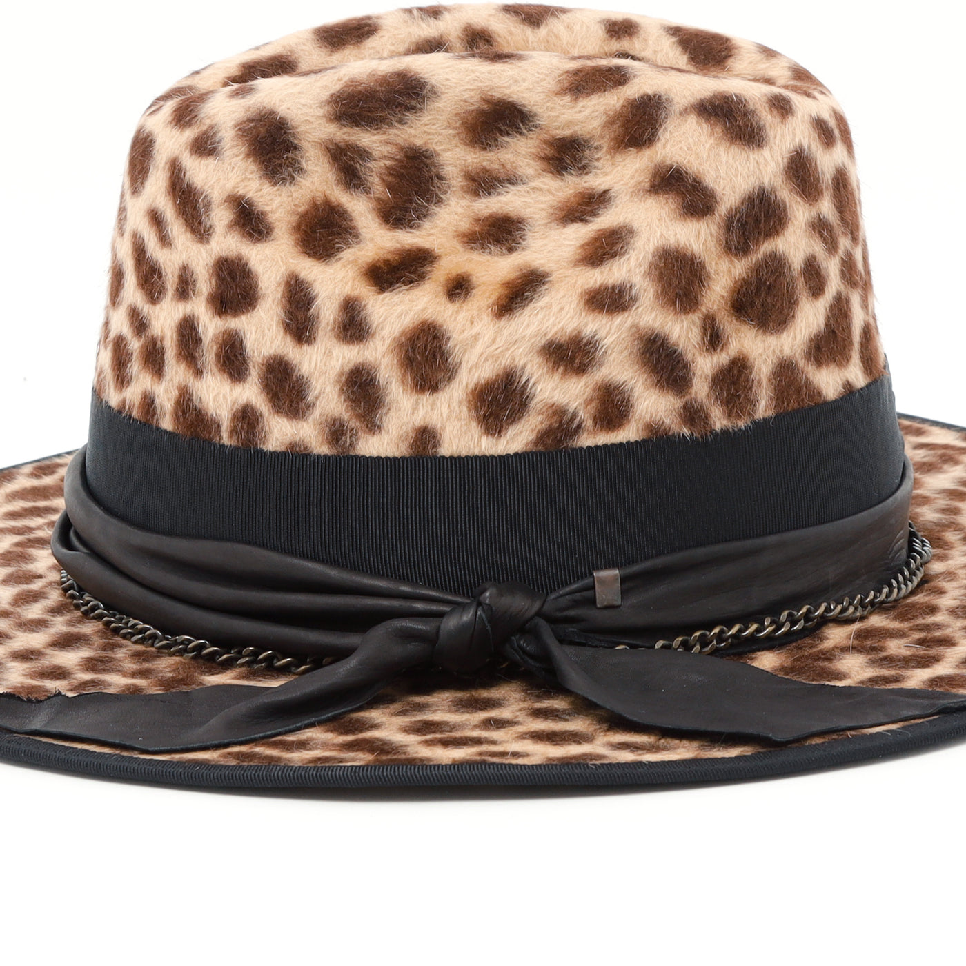Beige Leopard Leather Chain Hat / BEIGE