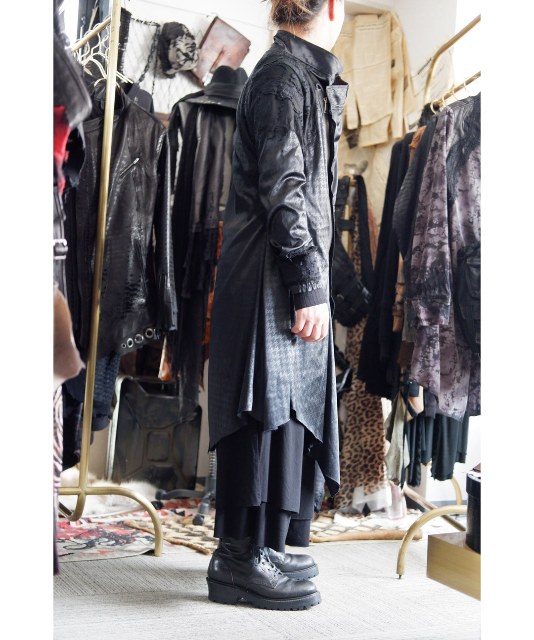 Shohei Takamiya ペイズリー柄 レザー 変形 再構築 ロングコート Shohei Takamiya Check Long Double Coat / BLACK – ANRE-R SALON