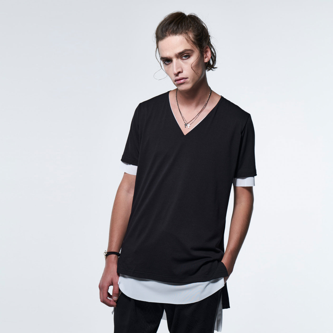TENJIKU&TETO KnitLayeredT-Shirt / Black & White