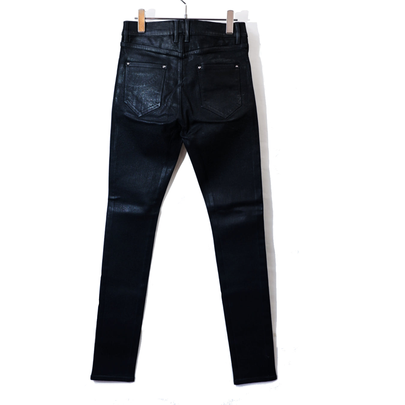 PU coating processing twin power skinny denim pants / BLACK