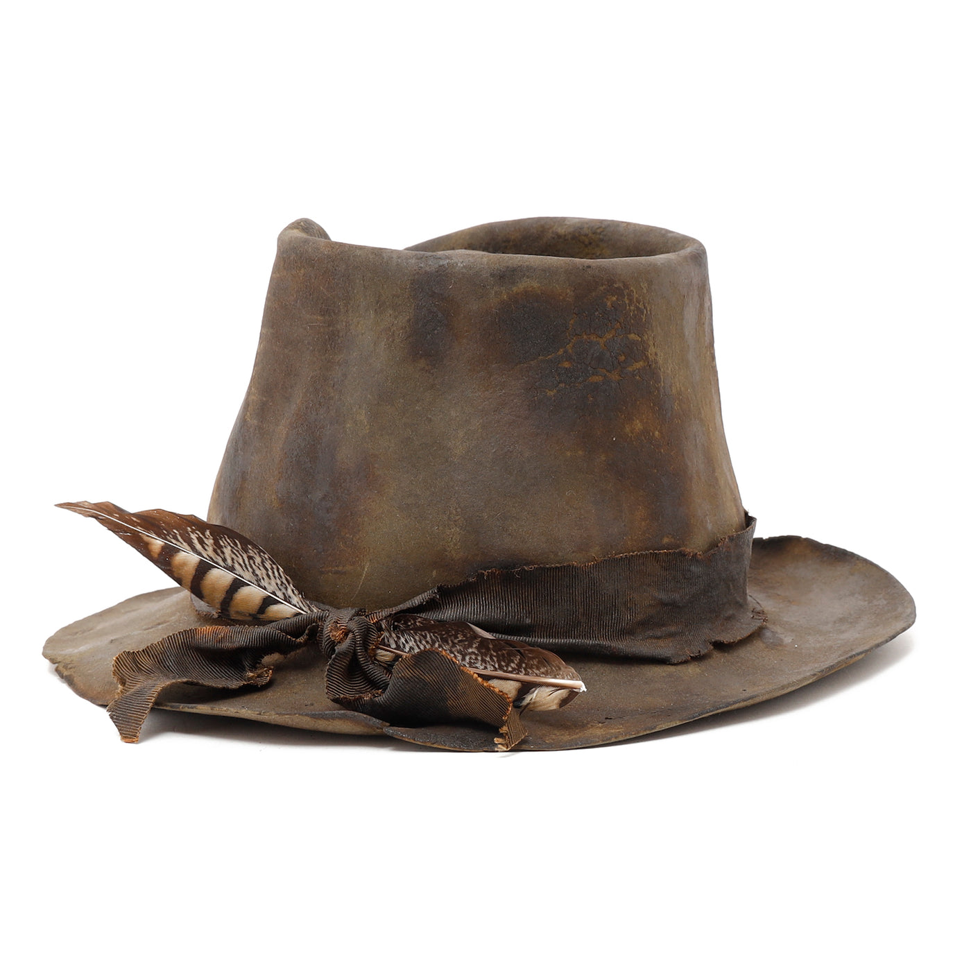 Rabbit Burned Grosgrain Ribbon Feather Hat / KHAKI